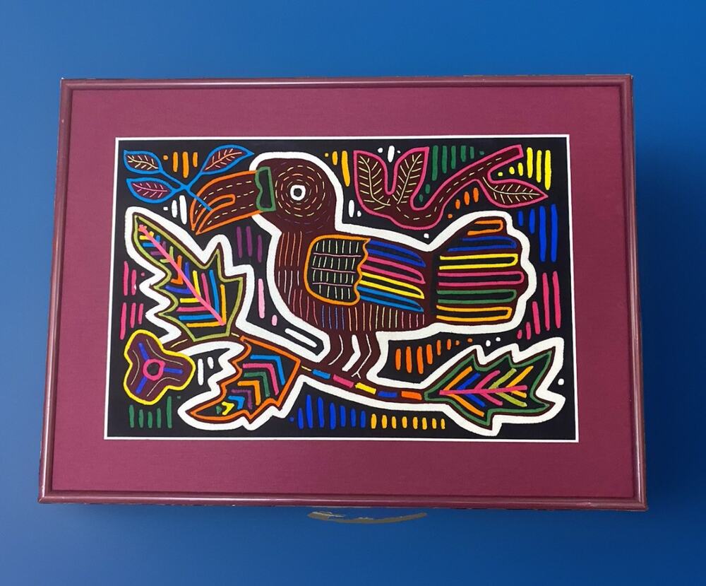 Mola Hand Stitched Colorful Appliqué Textile Framed Tribal Folk Art Vintage Bird